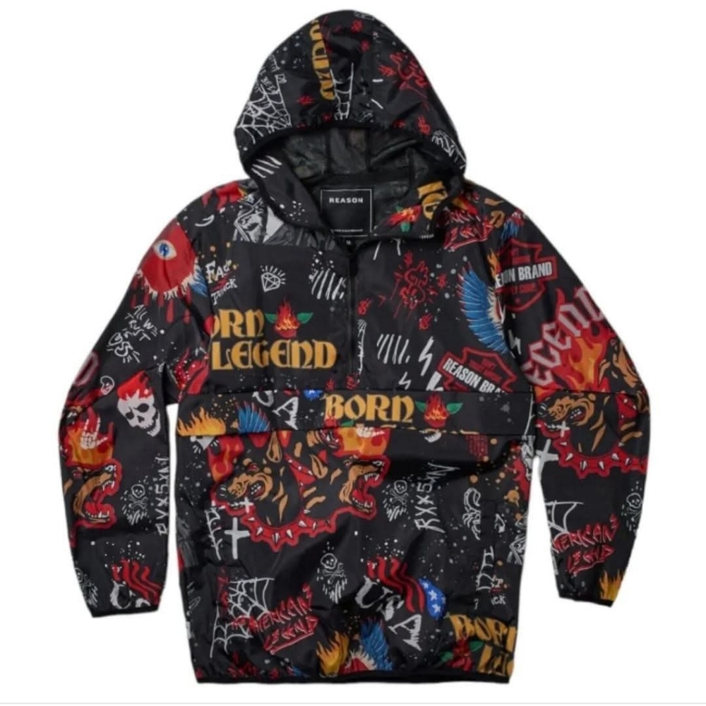 Move In Silence Flame Skull Anorak Lightweight Hooded Jacket Multiple sizes